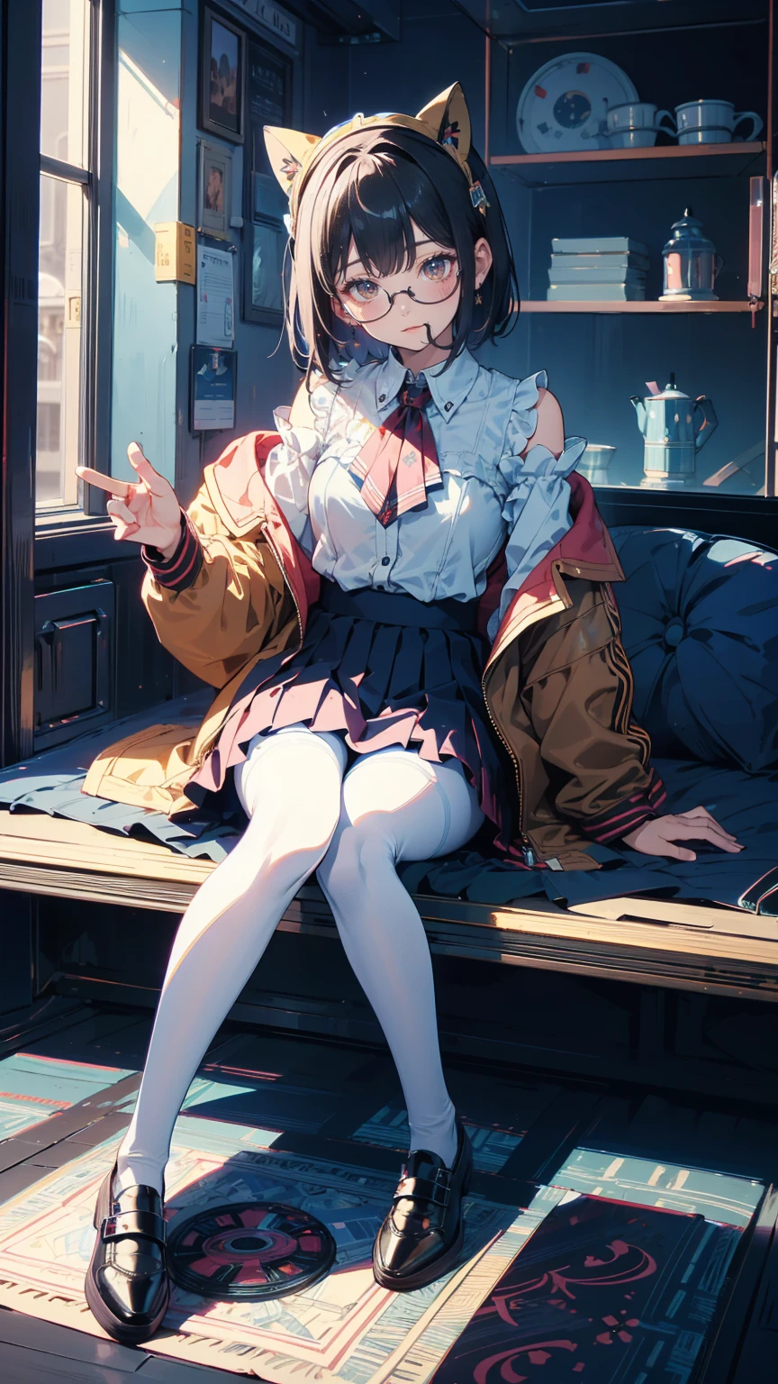 an anime girl with Glasses and a skirt sits on ground and poses, One girl, Alone, skirt, Have, shirt, white shirt, pantyhose, Red eyes, Glasses, Black Hair, shoes, red skirt, Check pattern skirt,  View your viewers, Open clothes, Check pattern, collared shirt, , Long sleeve, Mouth closed, Sitting, black pantyhose, indoor, bangs, short hair, Brown headdress, Black-rimmed glasses, Brown Jacket, Off the shoulder,Add XL