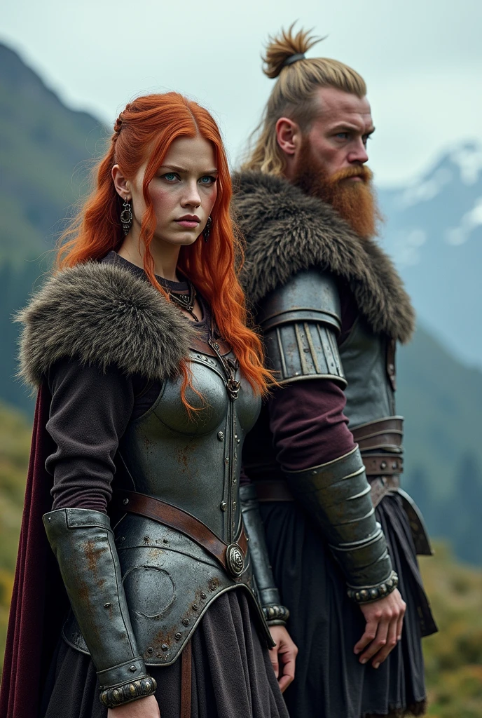 Ragnar Lodbrok from the series at 30 years old, blondie hair, short beard, next to him a 20 year old peasant girl, natural redhead with viking hairstyles, dressed in Sansa Stark style