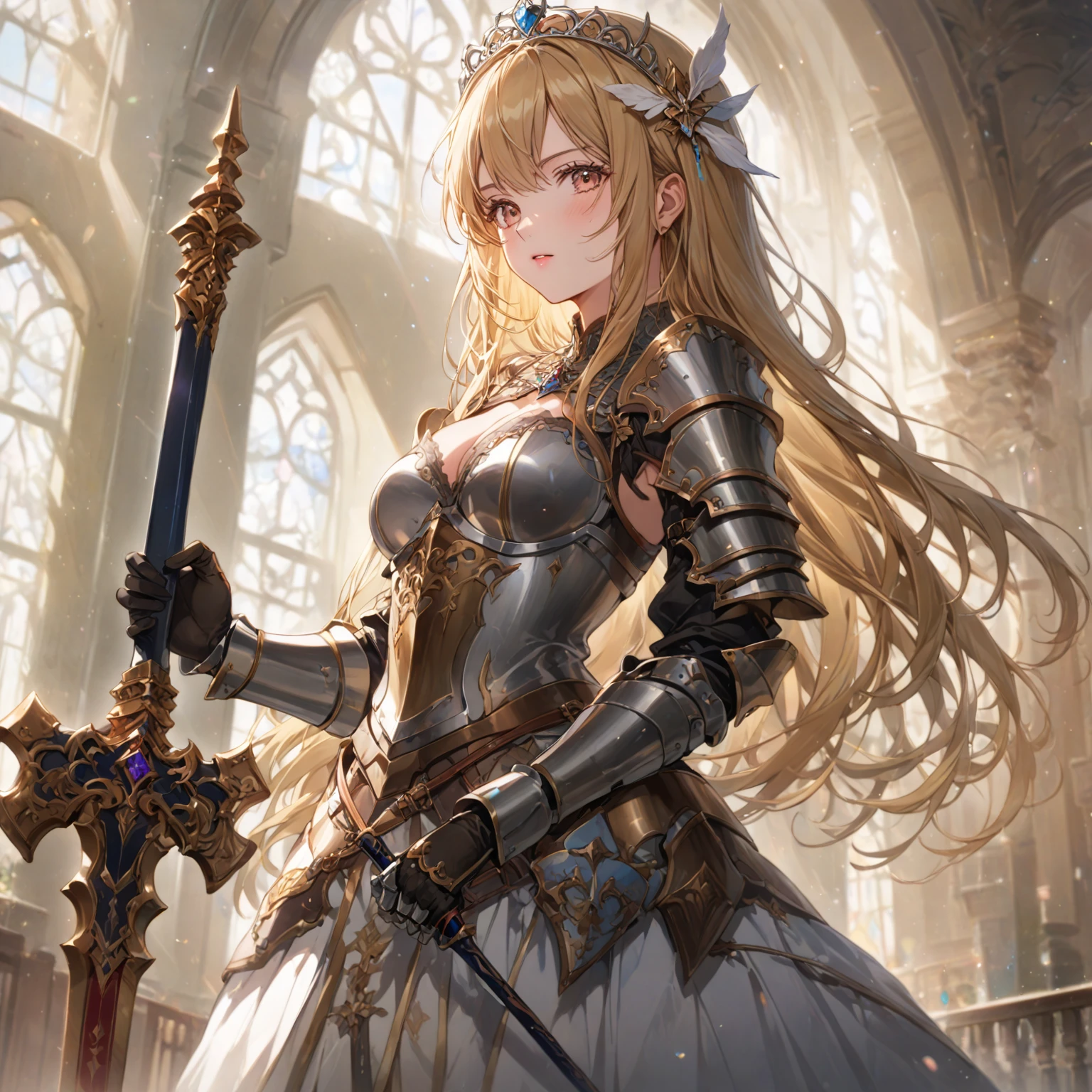 score_9, score_8_up, score_7_up, source_anime, masterpiece, best quality, high resolution, extremely detailed CG, a girl knight in armor holds a large sword, standing irchitectural setting featuring light that filters through arched windows to cast a warm glow on the character, and her expression is calm and focused. 1girl, solo, off-shoulder armor, weapon, sword, gloves, holding, holding sword, looking at viewer, tiara, hair ornament, cleavage,  blond_hair, long hair, luxury hall, Colorful portraits