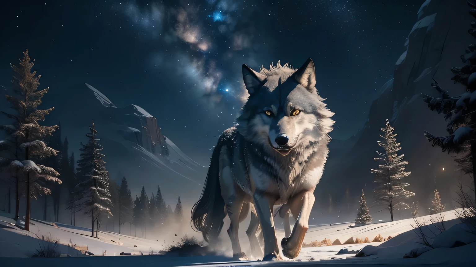 Powerful wolves，mid-ground the scene is，View the night sky，Roared and rushed into the night sky，Delicate depiction of hair，（Extremely detailed depiction of the wolf's body），Empty night sky，Transparent Nebula，pagoda，Auspicious clouds，The huge full moon shines brightly，Endless savannah，（Snowflakes flying），Winter tones，light and shadow effect，Light particle tracing，rendering by octane，Movie lighting，Surreal landscape，clear contour light，rim-light，fanciful，（8K resolution），spotlight lights，Masterpiece，Master painting，photorealistic，realisticlying