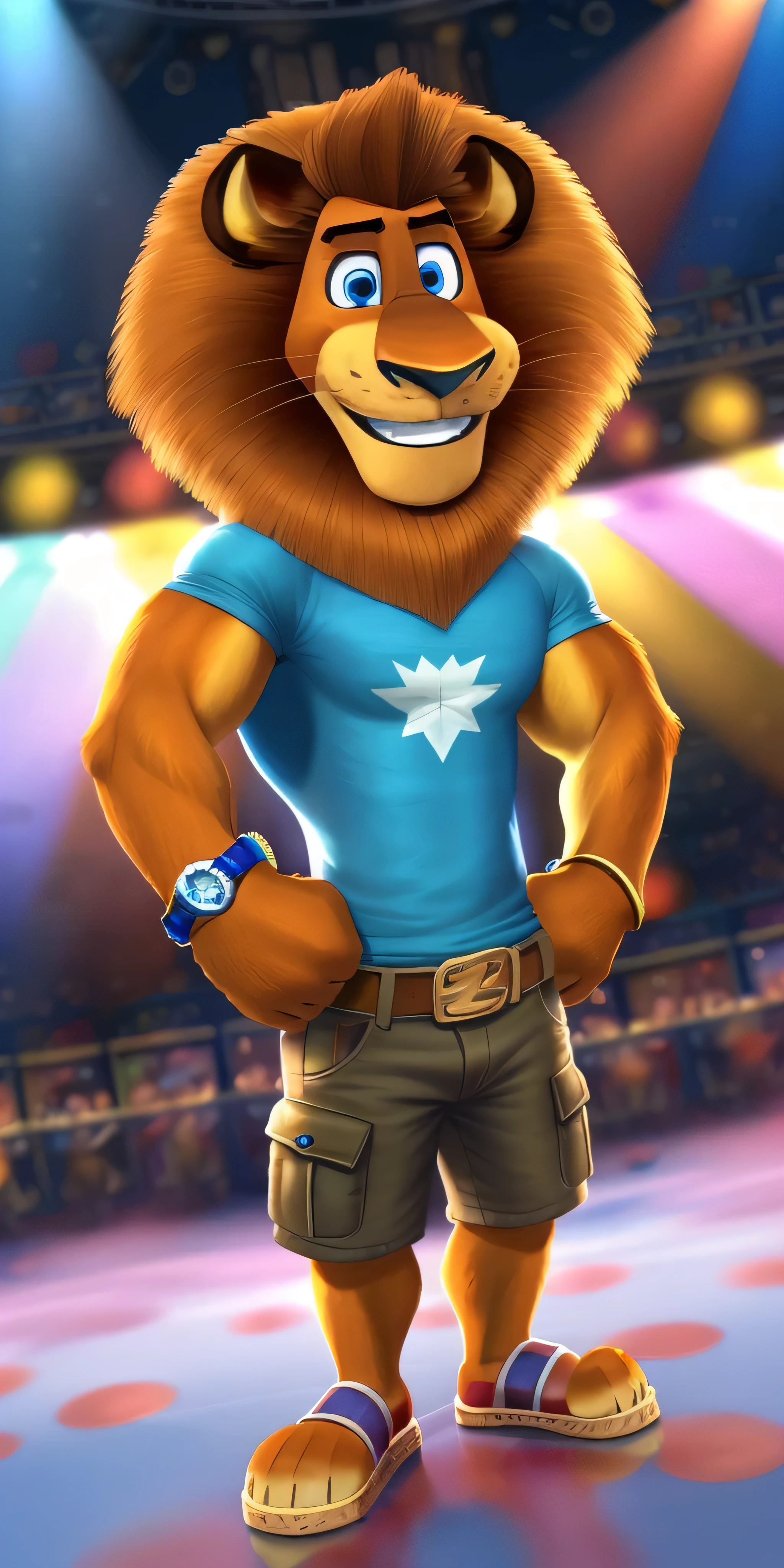 AlexLion, solo, young, cartoony proportions, correct anatomy, muscular body, biceps anatomy correct, big biceps, extremely beautiful and cute face, perfect face, ultra quality face, 8k eyes, perfect eyes, ultra quality eyes, perfectly detailed blue eyes, white iris with perfectly detailed pupils, ultra quality fur, soft and delicate fur, wearing cyan t-shirt with short sleeves, cargo shorts with brown belt, Skechers Casual Sandals, standing, selfie, concert background, fancy watch on his right wrist, hands in pockets, kindly looking at the viewer, grin, cute smiling, radiant, cute, handsome, beautiful, absolutely beautiful, pure perfection, kind, sweety, extremely charismatic, majestic, friendly, simply irresistible, well-mannered, polite, cultural, attractive, charming, super good looking, hot, sexy, mature, adult, pacifist, calm, face focus, ultra detalization, perfect detalization, perfectly detailed, photorealistic, ultrarealistic, ultra HD quality, highest resolution, 4k, 8k.