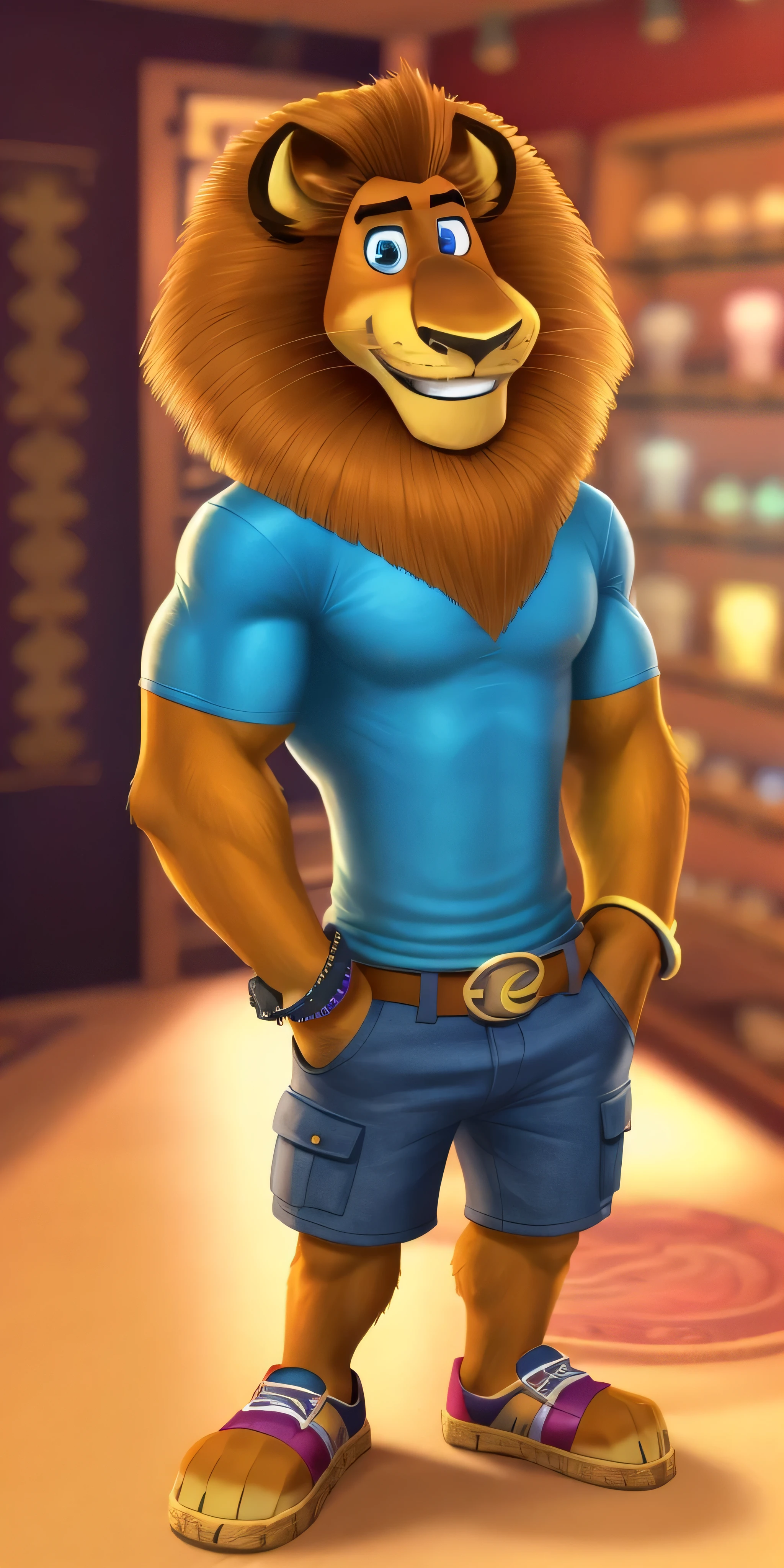 AlexLion, solo, young, cartoony proportions, correct anatomy, muscular body, biceps anatomy correct, big biceps, extremely beautiful and cute face, perfect face, ultra quality face, 8k eyes, perfect eyes, ultra quality eyes, perfectly detailed blue eyes, white iris with perfectly detailed pupils, ultra quality fur, soft and delicate fur, wearing cyan t-shirt with short sleeves, cargo shorts with brown belt, Skechers Casual Sandals, standing, selfie, sexshop background, fancy watch on his right wrist, hands in pockets, kindly looking at the viewer, grin, cute smiling, radiant, cute, handsome, beautiful, absolutely beautiful, pure perfection, kind, sweety, extremely charismatic, majestic, friendly, simply irresistible, well-mannered, polite, cultural, attractive, charming, super good looking, hot, sexy, mature, adult, pacifist, calm, face focus, ultra detalization, perfect detalization, perfectly detailed, ultra HD quality, highest resolution, 4k, 8k.