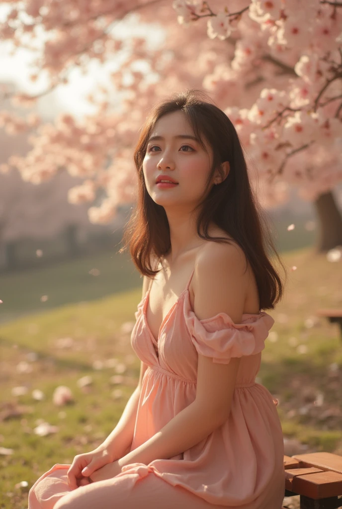 A japan sweet feman,enjoy hace fun, large breast , good iris,wearing sundress fabric, warm color palette, Sitting on a park bench, cherry blossoms fall gently relaxed expression, ulzzang,warm scene photography, Lomo lens shooting techniquesurrealism, Realism, Chiaroscuro, 