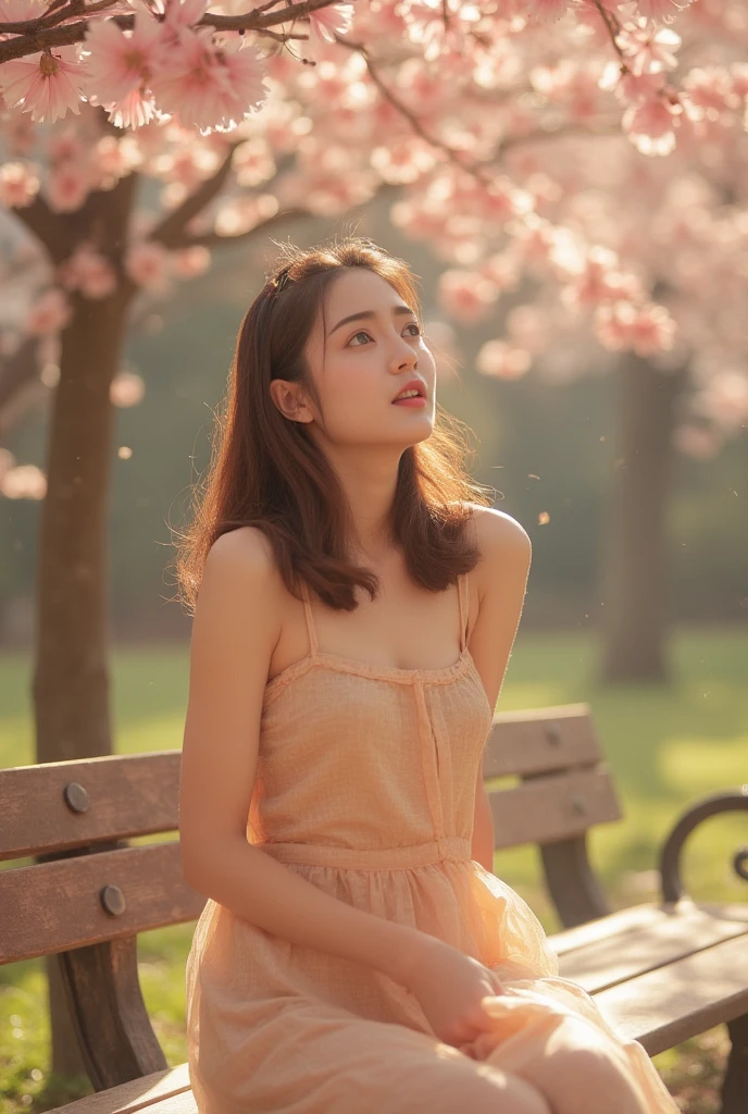 A japan sweet feman,enjoy hace fun, large breast , good iris,wearing sundress fabric, warm color palette, Sitting on a park bench, cherry blossoms fall gently relaxed expression, ulzzang,warm scene photography, Lomo lens shooting techniquesurrealism, Realism, Chiaroscuro, 