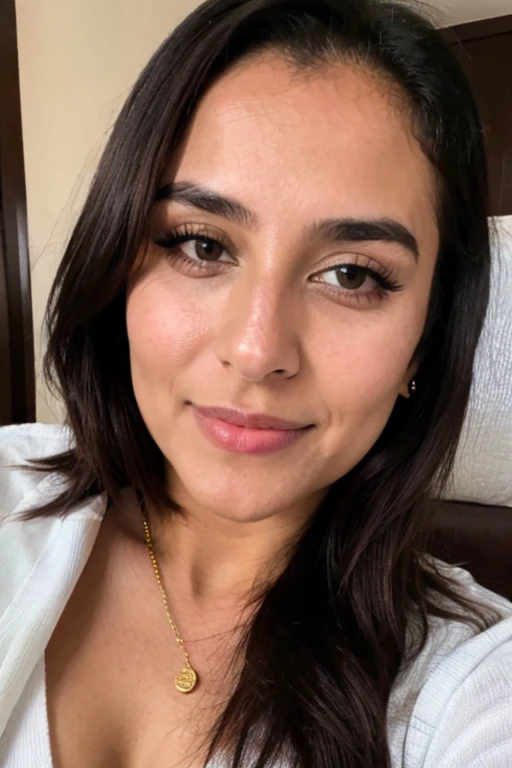 photorealistic, sharp focus, raw photo, amateur photo, beautiful 29 y.o latina-spanish girl, take a selfie, no panties, oversized sweater, detailed skin pores & face texture, pores, (goosebumbs:0.7), dynamic pose, looking at viewer, face focus, taken with mobile cam, film grain