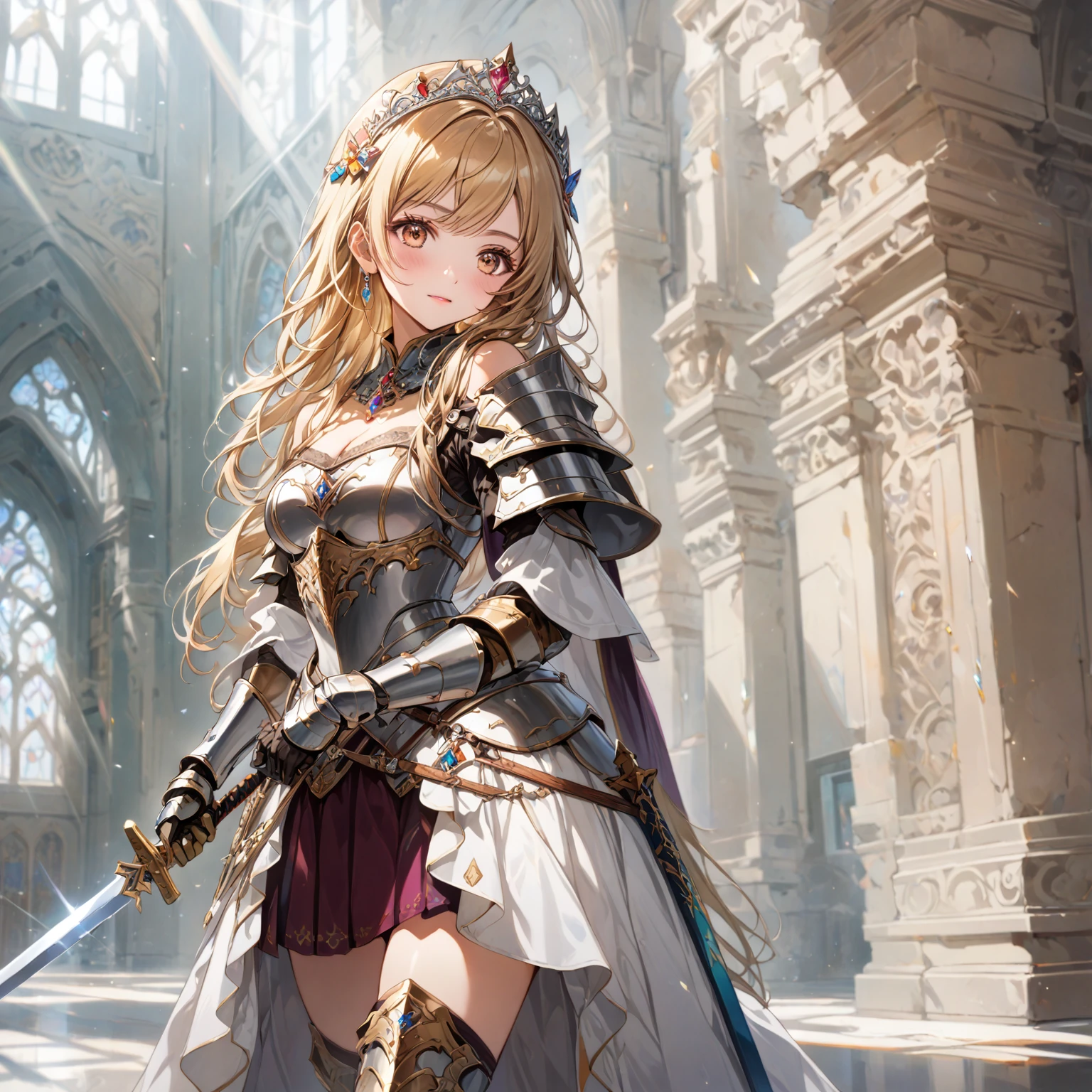 score_9, score_8_up, score_7_up, source_anime, masterpiece, best quality, high resolution, extremely detailed CG, a girl knight in armor holds a large sword, standing irchitectural setting featuring light that filters through arched windows to cast a warm glow on the character, and her expression is calm and focused. 1girl, solo, off-shoulder armor, weapon, sword, gloves, holding, holding sword, looking at viewer, tiara, hair ornament, cleavage,  blond_hair, long hair, luxury hall, Colorful portraits