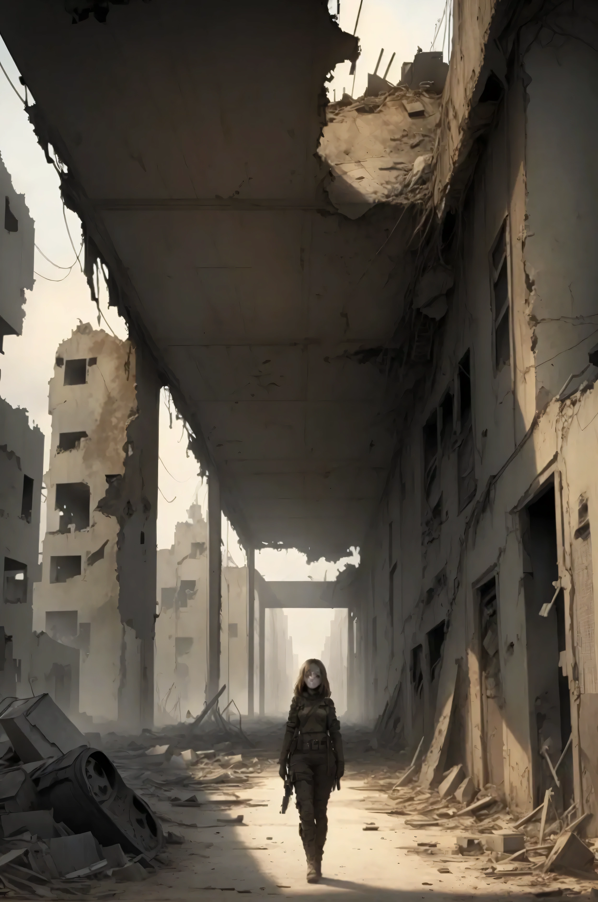 Girl in nuked 27 years, apocalyptic scene of an abandoned city, dirty, destroyed, destroyed city, apocalyptic, high quality, masterpiece, golden ratio, vanishing point perspective