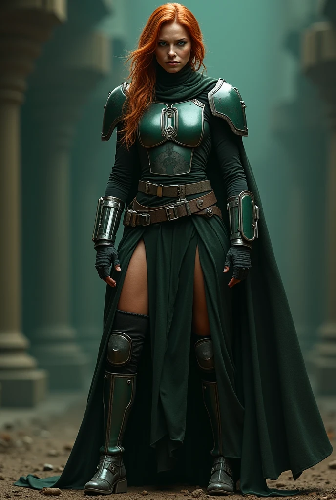 short, Female, Half-Orc, long flowing "light brown hair", "ice blue eyes", "green skin", black and brown robe, full body pose,