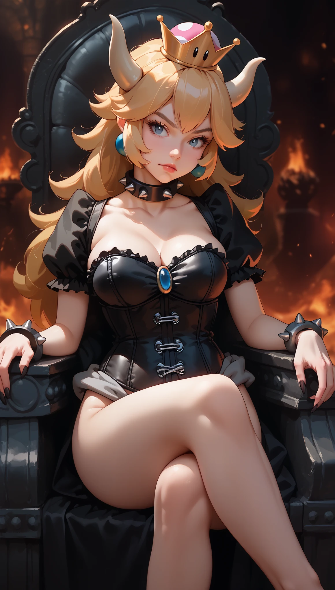 Bowsette, super Mario Bros, (((in a hell))), Hot cleavage, (((Hot corset))), crossed legs in sexy pose, sit down on a dark throne ,