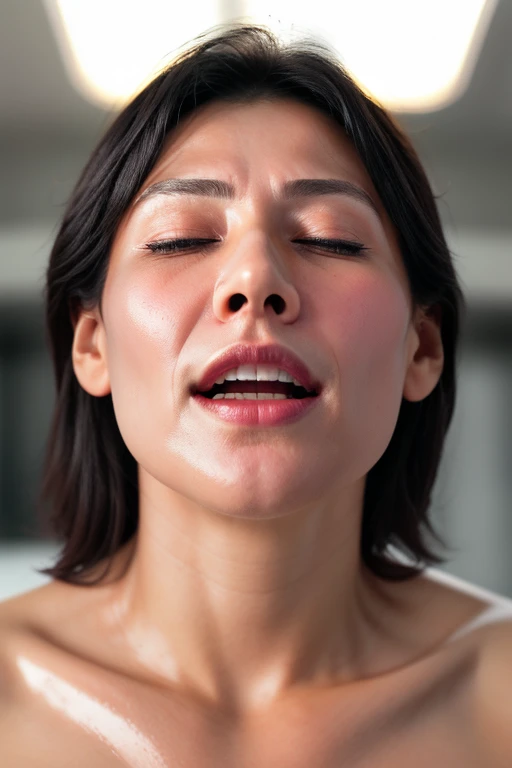 masutepiece,award - winning photo, Extremely detailed, edgOrgasm, Woman with mouth open and eyes closed , Skin shiny with sweat、Face Focus、Illumination that emphasizes shiny sweat{{{Spread }}}, A dark-haired、NSFW、