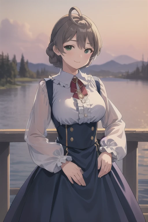 (masterpiece, Best Quality:1.2), Cowboy Shot, Alone, One girl, Sakuramori Kaori, smile, View your viewers, Place hands on hips, Braiding, Ahoge, frills, shirt, Long sleeve, skirt,Large Breasts,Princess line dress:1.5, Blue clothes, Lace dress:1.5, Long Dress,