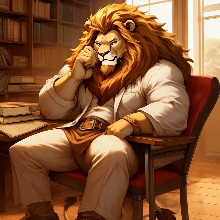 the Lion,There are golden streamers rotating around the body,Behind it are huge gears and clocks,Sitting in the library and reading a book