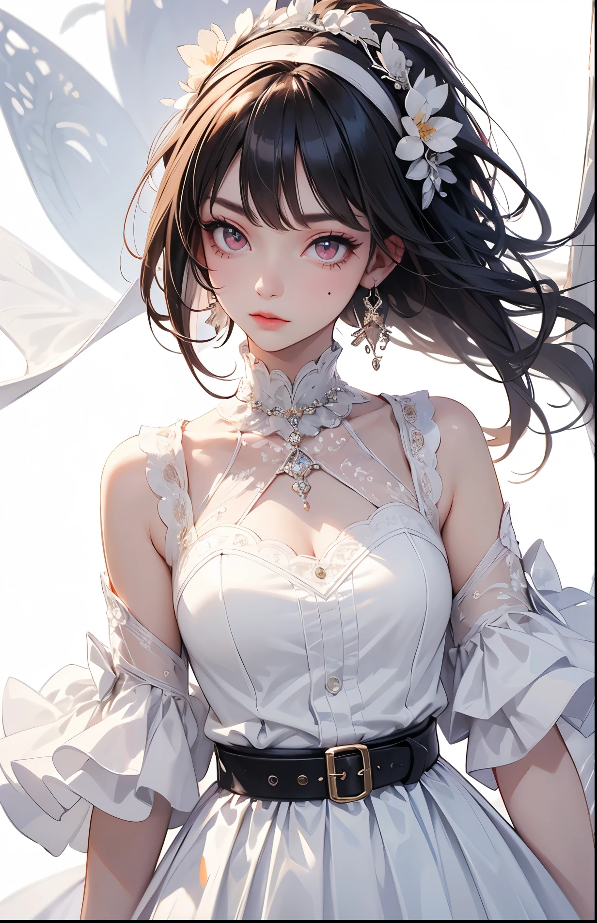 ((absurdres, RAW photo, extremely delicate and beautiful, masterpiece, Best Quality, ultra high resolution, 32k, hyperrealistic, ultra-detailed, perfect figure)), tearful mole, earring, whole body shot, big breast, short medium hair, wavy hair, button shirt dress, face veil,