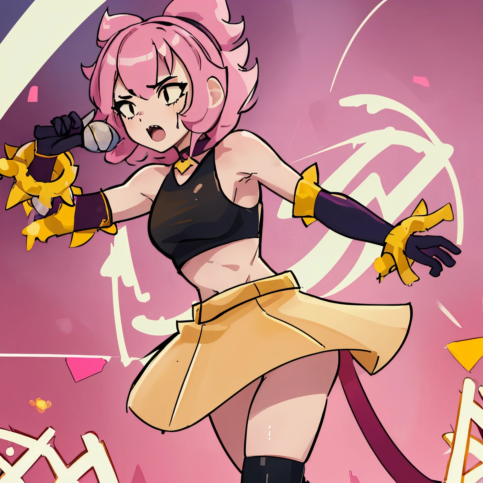 1girl, solo, melodiebs, musical notes, pink hair, big bow, crop top, yellow skirt, black eyes, elbow gloves
