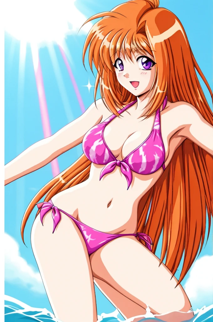 (Masterpiece, Best Quality, High Quality), professional artwork, well drawn, Intricate Details,solo, naked,
Kousaka honoka
, ultra detail hair, ultra detail face, perfect eyes,  earring,  Looking at Viewer, pink micro bikini, orange hair , standing 