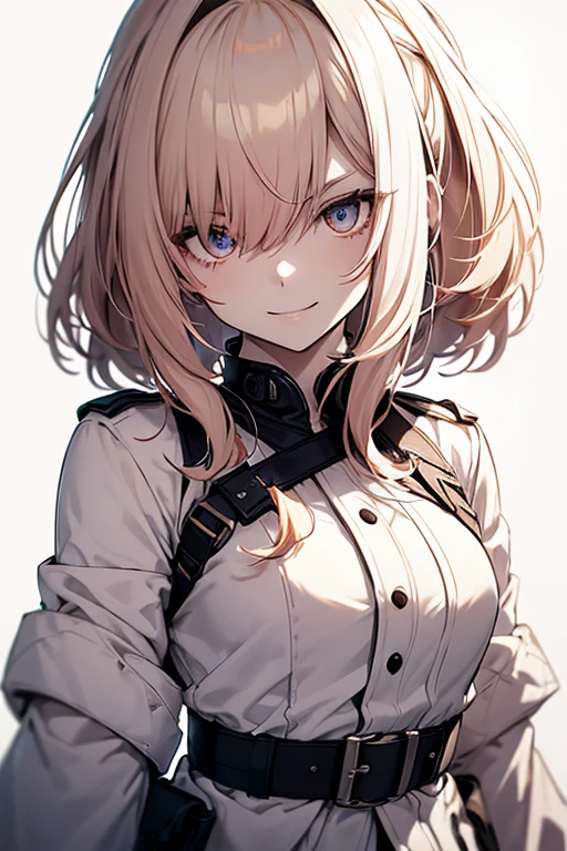 One girl, whole body, Pink Hair、White one-piece military uniform, (masterpiece:1.2, Best Quality), (Beautiful, detailed eyes: 1.2), (Beautifully detailed face), High Contrast, (Best lighting, Very delicate and beautiful), ((Cinematic Light)), Dramatic Light, Very orange eyes, Flat Chest, Belt under the chest, White military uniform, White Skirt,Blonde, Black Tuxedo,  (Pale white background:1.5), Wolf Hair Cutting, Look at me and smile,