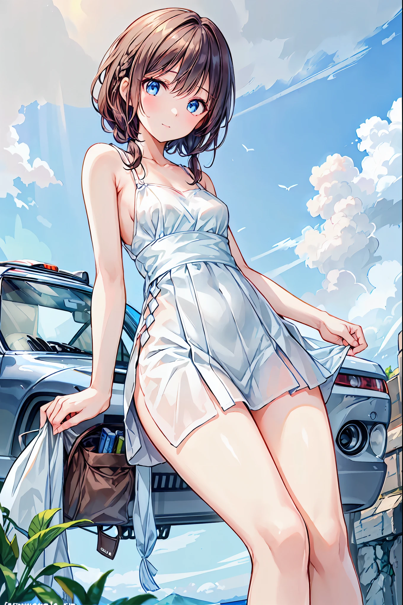 whole body、8K, best quality, master piece, ultra-detailed, Super Short Hair、pale red hair、Straight Hair、、double eyelid eyes、Pale blue eyes、 、whole body、exposed、small breasts、Inside the car、inside the car、パンティをexposedしている、show your breasts、wearing a blouse、blush、upper body nude、おっぱいをexposedする、Boob rubbing pose、skirt、M-shaped spread legs、性器exposed、lower body nude、spread your legs、not wearing pants、pussy juice、 panty lift、 show off pussy、panting expression、Look like you're about to cum、nipples are transparent