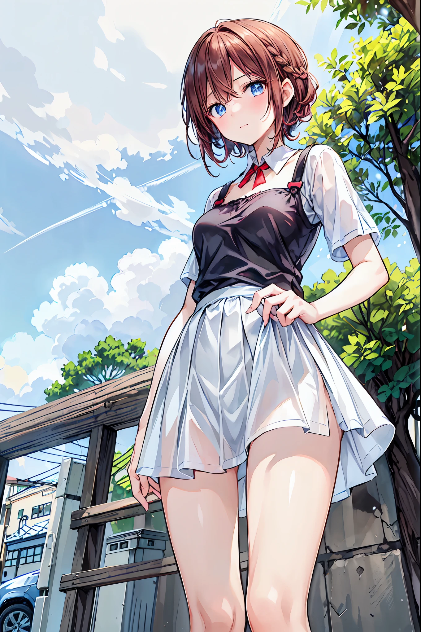 A Combi car heading south on a dirt road on a sunny day, The view on the left is of the vast ocean...、右側には生命が溢れる山There is..々There is,Red camisole,((From below:1.2)),Brown Hair,Shortcuts,Messy Hair,Short braided hair,Neat,Slender beauty,Hall々A positive attitude,Small breasts,Beautiful legs,Her enchanting grey-blue eyes shine like stars,Vibrant colors,Beautiful Eyes,A delicate smile,Textured Skin,The best品質、The best,A kind and beautiful woman,Anime Style、((From below:1.2)),upright,Contrail