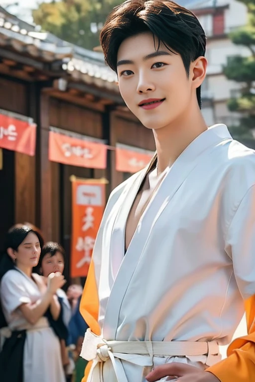 ((Top Quality, Masterpiece, Photorealistic: 1.4, 8K)), Beautiful Lighting, Super Detail, High Quality, High Resolution, Korean man in ultra micro thongs, 25 years old, looking at us and laughing. He is enjoying a Japanese festival. He is staring at us. Background of the festival, whole body shot, Solo, Blue eyes, 