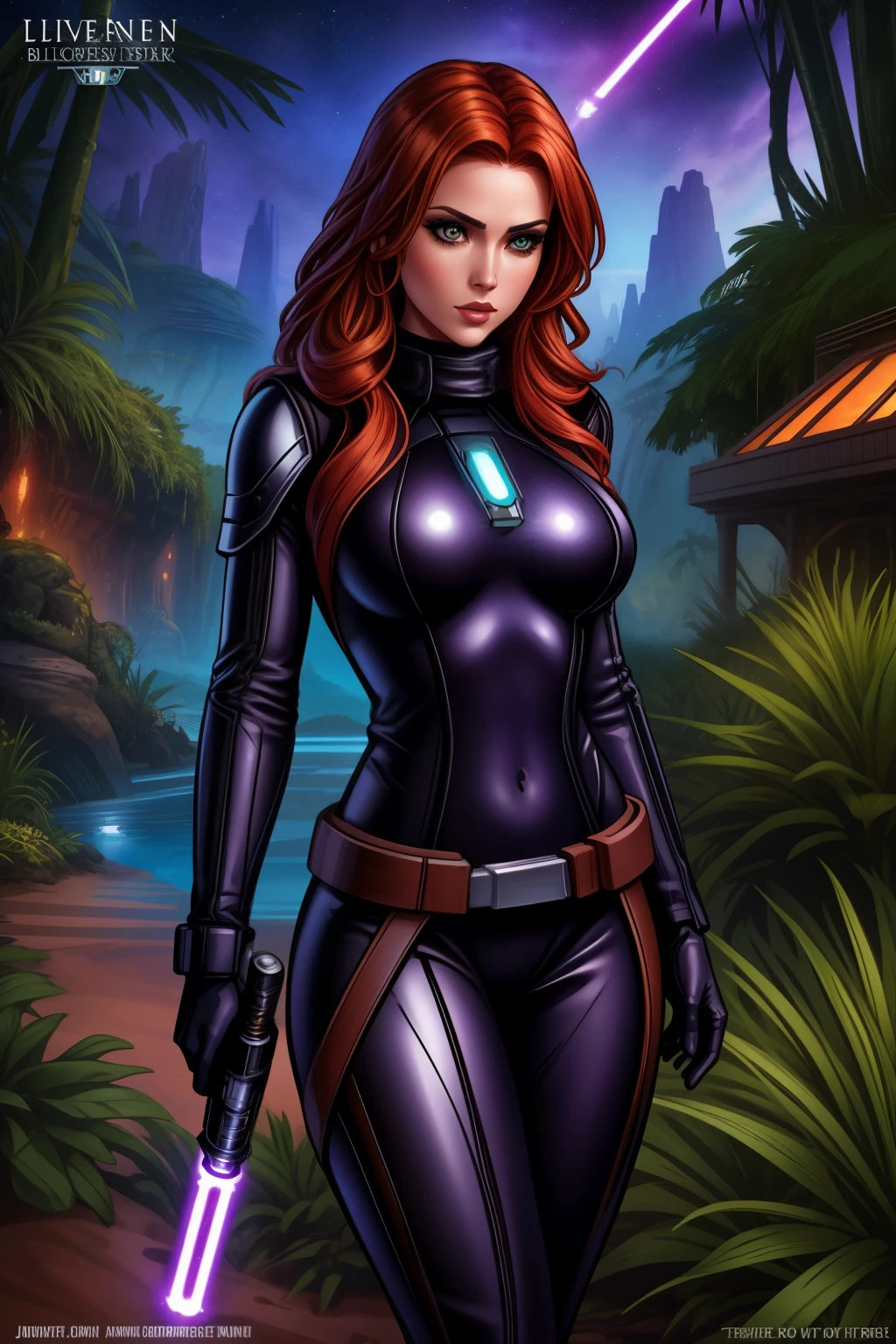 Star Wars based environment, Mara Jade, It is represented with its wooden structure, black leather tight suit. While holding his purple lightsaber with a firm grip, its intense, Piercing eyes convey a mix of determination and alertness... bottom: exteriors, jungle planet landscape, elegant in the surroundings
