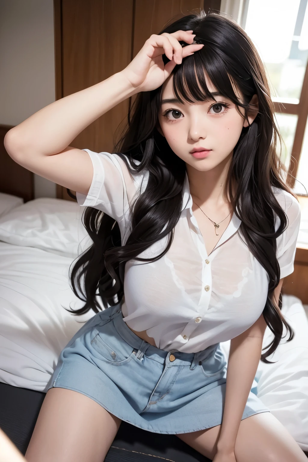 Best Quality,masterpiece,Very detailed、High resolution, Very detailed, Best Qualityの写真,Teen,Age 15,High school girl,Idol,beautiful girl, Long Hair, With bangs, Black Hair,((Wavy Hair:1.2)),Detailed eyes, Big Eyes,cute, cute, cute日本人女性、Very delicate and beautiful face,Wearing a mask on his face,Hotel Rooms,Lie down in bed, Perfect dynamic composition,Fair-skinned girl, kind,Junior high school students,Kneel on the floor,Big Same, おPussy, Pussy, Nipples, I can see your panties,Slender thighs seen from the front, 18 years old, Adorable , 美しいJunior high school students, Big Eyes, 美しいHigh school girl, Selfie, Personal photo shoot,Selfieの角度,Women&#39;s Room,indoor , (Blue jacket), Pink underwear, , High school girl（Hmmmm）,She smiles happily at me, colorful, Natural Hair