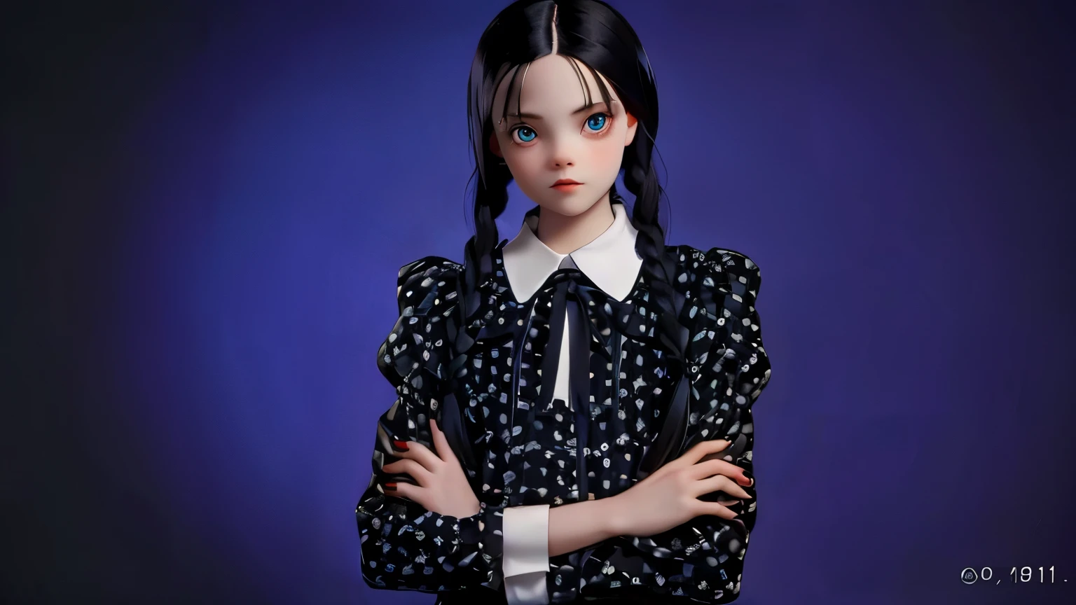 an extremely detailed digital illustration, high resolution, masterpiece, (of Chr1st1naR1cc1 as Wednesday Addams), black hair, (twin braids:1.2), 15yo, cowboy shot,
long hair, looking at viewer, (black onepiece with white polka dots, with white collar), bangs, black eyes, short sword, grumpy face, glaring,
at night, dark ambient lighting, , <lora:Chr1st1naR1cc1v11:0.75>, <lora:Wednesday Addams:0.25>wednesday addams, lightning <lora:add_detail:1>