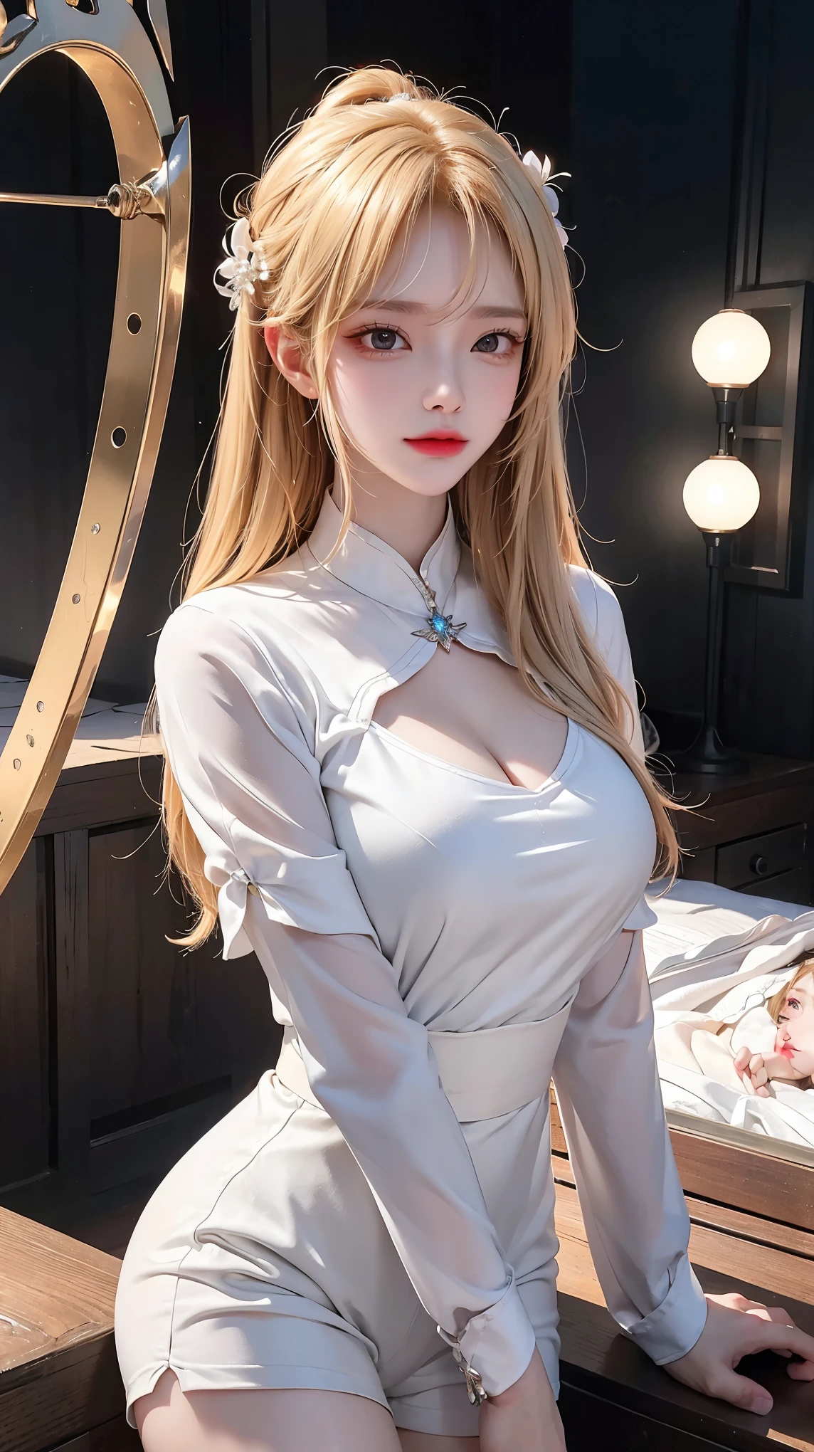 （（（1个Giant Breast Girl）），Ray traching，（dim murky lights），[detailedbackground（Bedrooms）），（（Silvery hair）），（（Silvery hair）），（（（（（Fluffy silver hair，plump and slender girl））Wears a high ponytail）））Avoid golden eyes in the ominous bedroom（（（（Girl wears white shirt，Black wrinkled skirt，Wear yours with black sheer pantyhose），It shows a delicate and slender figure and beautiful curves，Correct limbs，sit on a bed，Place your hands in the right position。