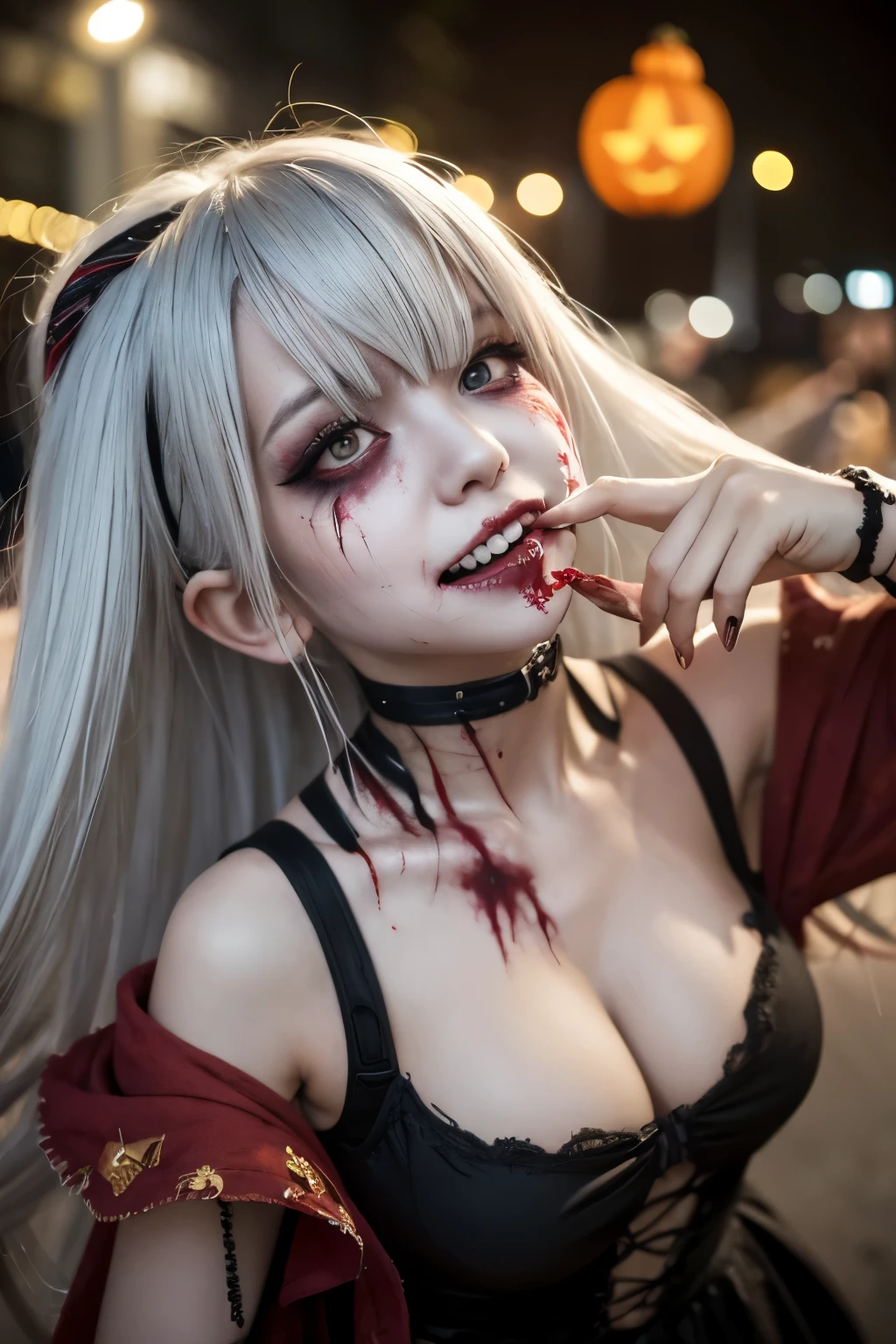 realistic, cinematic, photogenic, Haloween, in an urban area, wearing cosplay of undead zombie, scratched and bleeding makeup, Jack O'Lantern in the background, a very lively crowd around, festive atmosphere, in the night, lying down on the ground, , shot from directly above, looking up from below, upturned eyes, with scary expression, ahegao, o-face, tongue sticking out, smiling only eyes, gaze of temptation, bright white hair, pompadour hairstyle, twisted bangs, hair is blowing in the wind, hair is shaggy and dishevelled, a tipsy expression, like rotten decayed skin color, slendar figure, light clothing, exposes too much skin, heavy and vivid makeup, scratched and bleeding makeup, detailed rendering, cinematic lighting, vibrant colors, photorealistic, best quality, 8k, hyperdetailed