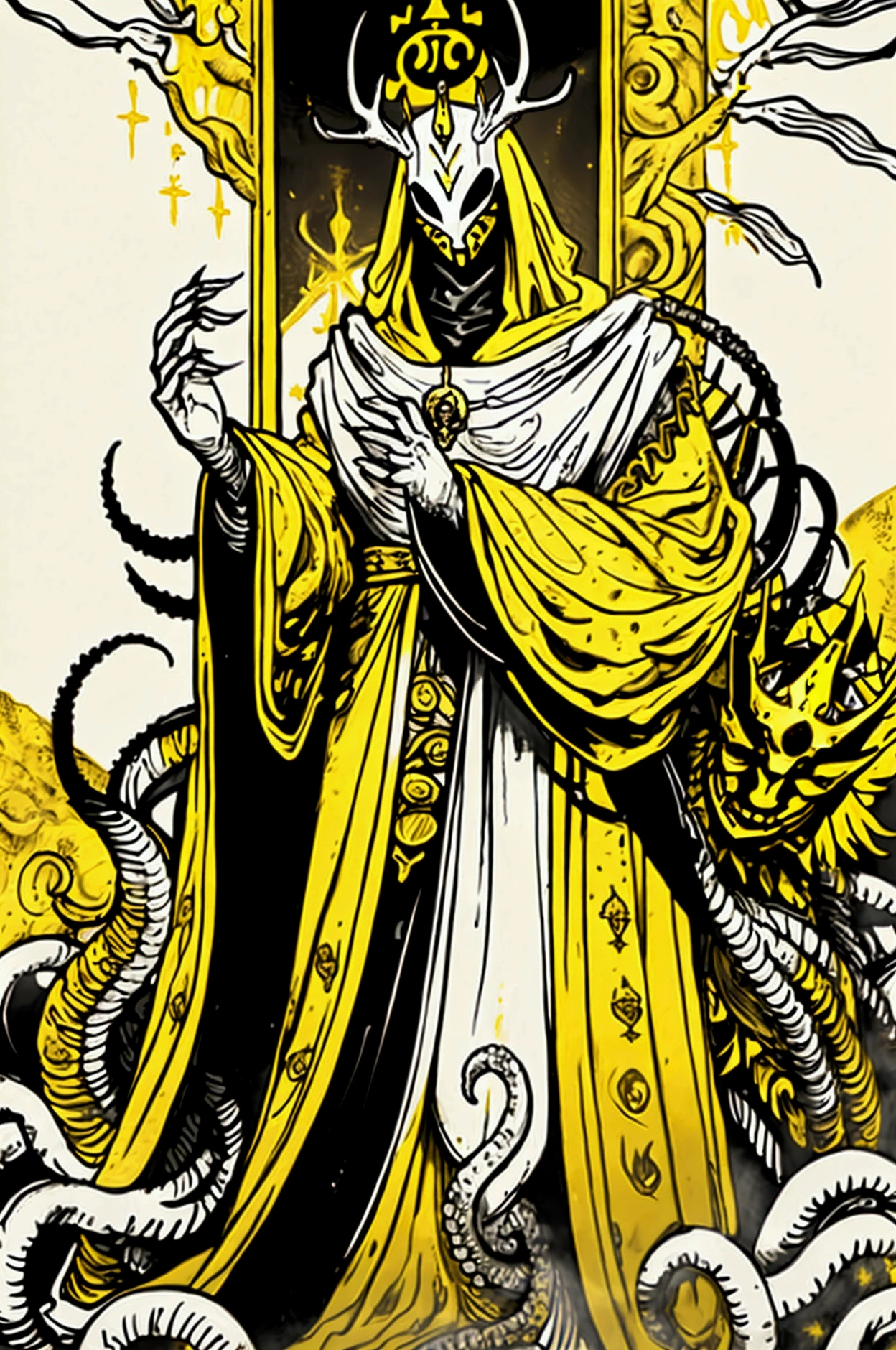 a painting of a man dressed in a yellow robe and a crown, hastur the king in yellow, yellow-robed cultist, king in yellow, a professional digital painting of the king in yellow wearing a tattered yellow cloak standing in a ballroom gripping a medallion in his claws, (white porcelain mask:1.05),painting of the king in yellow wearing a cloak and a mask, antlers, crown, cosmic background, gold and white and black color scheme surrounded by a mass of writhing tentacles, ornate baroque ballroom background, antlers, crown, high quality 