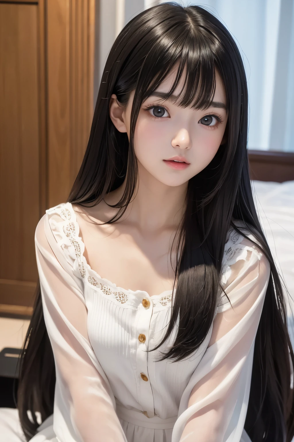 Best Quality,masterpiece,Very detailed、High resolution, Very detailed, Best Qualityの写真,Teen,Age 15,High school girl,Idol,beautiful girl, Long Hair, straight, With bangs, Black Hair,Detailed eyes, Big Eyes,cute, cute, cute日本人女性、Very delicate and beautiful face,,one&#39;s home, Hotel Rooms,Lie down in bed, Perfect dynamic composition,(Wavy Hair:1.2),Fair-skinned girl, kind,Junior high school students,Kneel on the floor,Big Same, おPussy, Pussy, Nipples, I can see your panties,Slender thighs seen from the front, 18 years old, Data,Adorable , 美しいJunior high school students, Big Eyes, 美しいHigh school girl, Selfie, Personal photo shoot,Selfieの角度,Women&#39;s Room,indoor , Red clothes, Pink underwear, High school girl（Hmmmm）,She smiles happily at me, colorful, Natural Hair