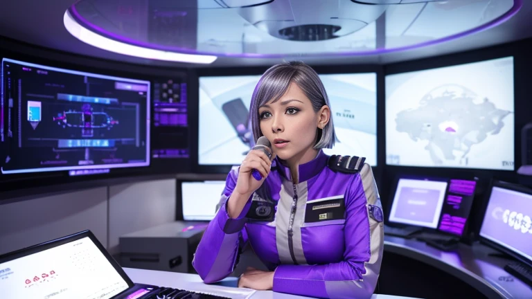 Best Quality、High resolution、８k quality、Female commander、Inside the command room of the spaceship、Purple short bob、(((Silver Uniform)))、Giving instructions into the microphone、