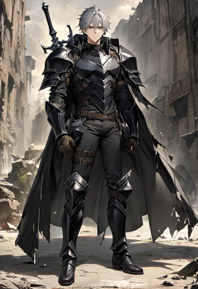 Grey haired man　28 years old　Wield a sword　Broken Black Full Body Armor　