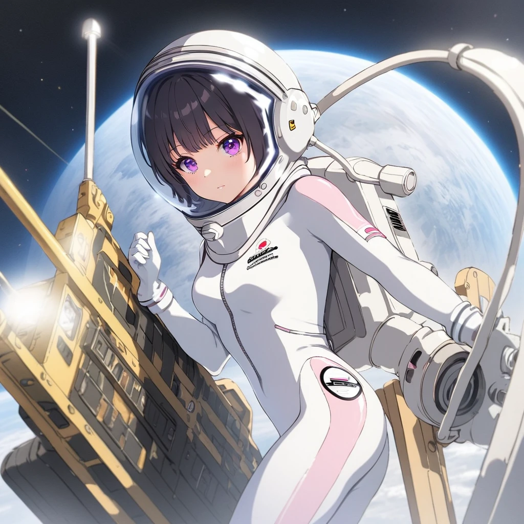 (white back ground):10,simple background ,BREAK masterpiece, (best quality), (highly detailed:1.3), 1girl,solo,fullbody,floating:2,(Space Suit:1.15),short hair, Space Helmet ,Black Hair ,