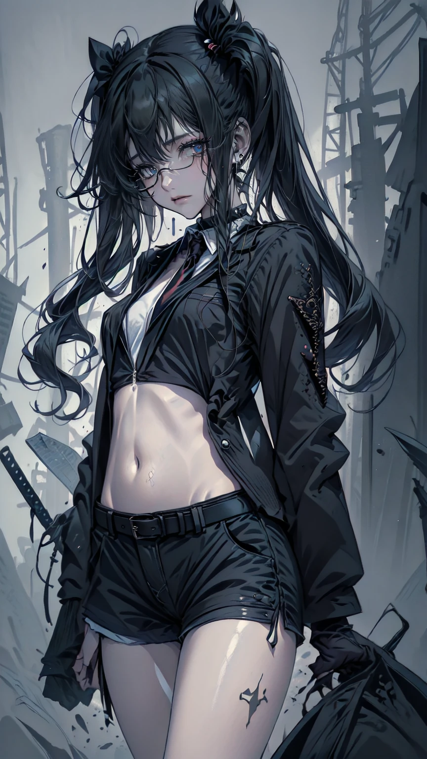 anime art of a Blondeed girl with yellow hair and black jacket, One girl, Alone, belly button, Shorts, jacket, Long Hair, smile, abdomen, chest, Open your mouth, black jacket, Twin tails, Choker, short Shorts, View your viewers, Hair accessories, belt, white shirt, Blonde, shirt, open jacket, black Shorts, Crop top, Earrings, x Hair accessories, black Choker, jewelry, :d, Simple Background, Cowboy Shot, cropped jacket, Clevis, black belt, Open clothes, White background, clavicle, hair ribbon, ribbon, low Twin tails , (Best Quality, masterpiece, Super detailed, figure:1.2),(8K wallpaper),(beautiful Detailed eyes:1.2), beautiful, wonderful, Detailed eyes, (Detailed skin),Cinematic Lighting
