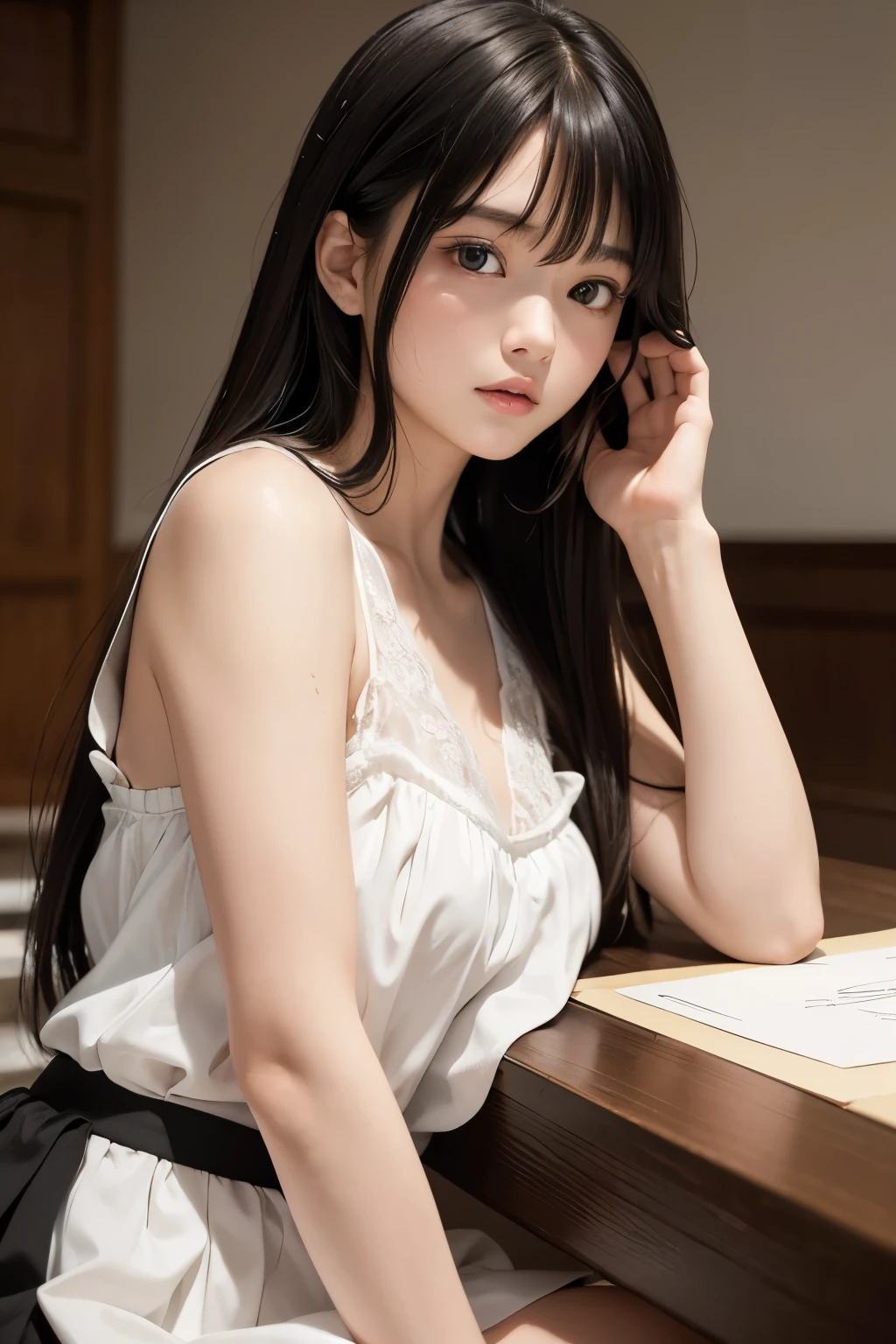 Best Quality,masterpiece,Very detailed、High resolution, Very detailed, Best Qualityの写真,Teen,Age 15,High school girl,Idol,beautiful girl, Long Hair, straight, With bangs, Black Hair,Detailed eyes, Big Eyes,cute, cute, cute日本人女性、Very delicate and beautiful face,,one&#39;s home, Lie down in bed, Perfect dynamic composition,(Wavy Hair:1.2),Fair-skinned girl, kind,Junior high school students,Kneel on the floor,Big Same, おPussy, Pussy, Nipples, I can see your panties,Slender thighs seen from the front, 18 years old, Data,Adorable , 美しいJunior high school students, Big Eyes, 美しいHigh school girl, Selfie, Personal photo shoot,Selfieの角度,Women&#39;s Room,indoor , Colorful clothes, Colored underwear, High school girl（Hmmmm）,She smiles happily at me, Natural Hair