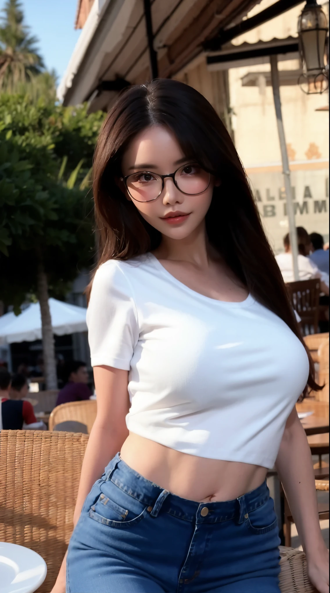 a 8k photo close-up shot take, a girl, oversize crop shirt and jeans wearing and glasses, outdoor background at front fancy restaurant, she have a medium breasts, seductive pose, long wave hair