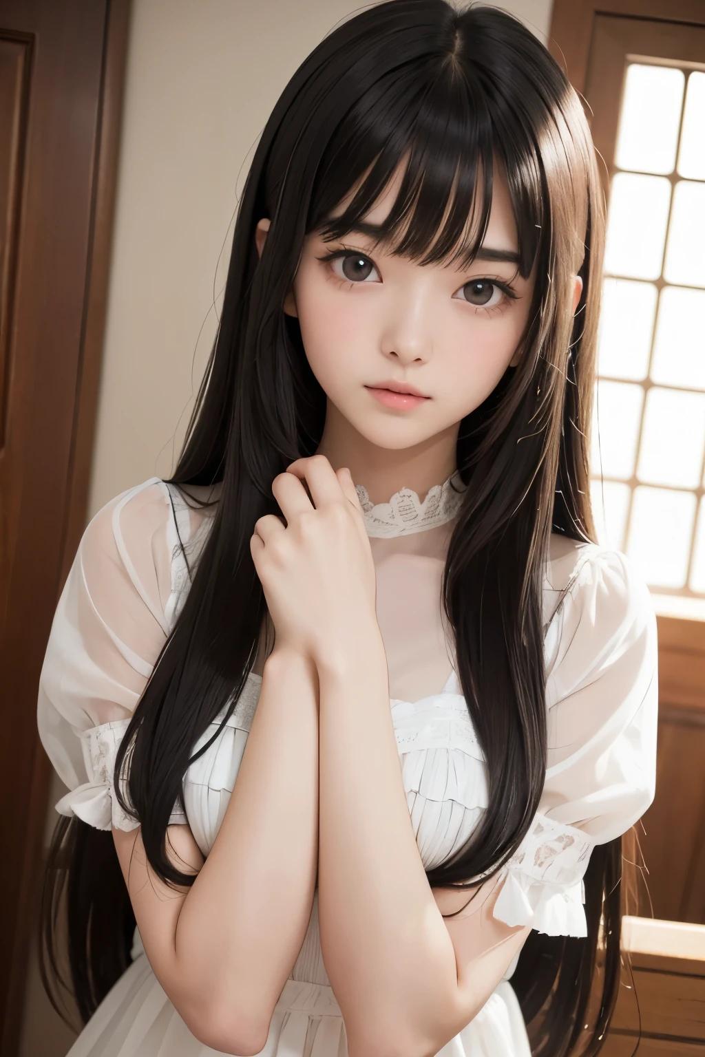 Best Quality,masterpiece,Very detailed、High resolution, Very detailed, Best Qualityの写真,Teen,Age 15,High school girl,Idol,beautiful girl, Long Hair, straight, With bangs, Black Hair,Detailed eyes, Big Eyes,cute, cute, cute日本人女性、Very delicate and beautiful face,,one&#39;s home, Lie down in bed, Perfect dynamic composition,(Wavy Hair:1.2),Fair-skinned girl, kind,Junior high school students,Kneel on the floor,Big Same, おPussy, Pussy, Nipples, I can see your panties,Slender thighs seen from the front, 18 years old, Data,Adorable , 美しいJunior high school students, Big Eyes, 美しいHigh school girl, Selfie, Personal photo shoot,Selfieの角度,Women&#39;s Room,indoor , Colorful clothes, Colored underwear, High school girl（Hmmmm）,She smiles happily at me, Natural Hair