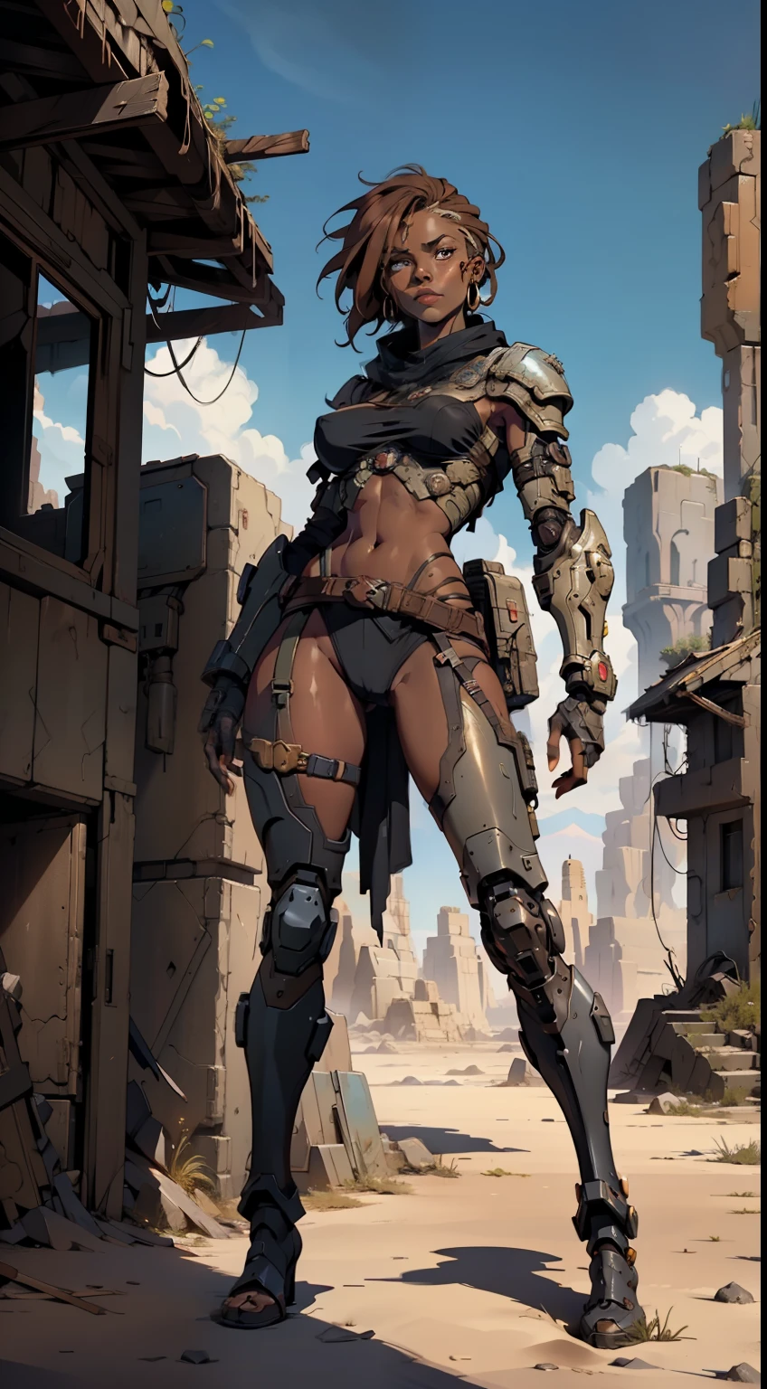black woman in a brown outfit with smal breasts, full body, mystical post-apocalyptic cyborg, beautiful woman, in a post-apocalyptic setting, like medieval fantasy female black character, fantasy character photo, complex fantasy character, beautiful black girl, woman stunning, from a beautiful knight, Eve Ventrue, powerful princess of the desert, woman of science fiction, (nsfw)