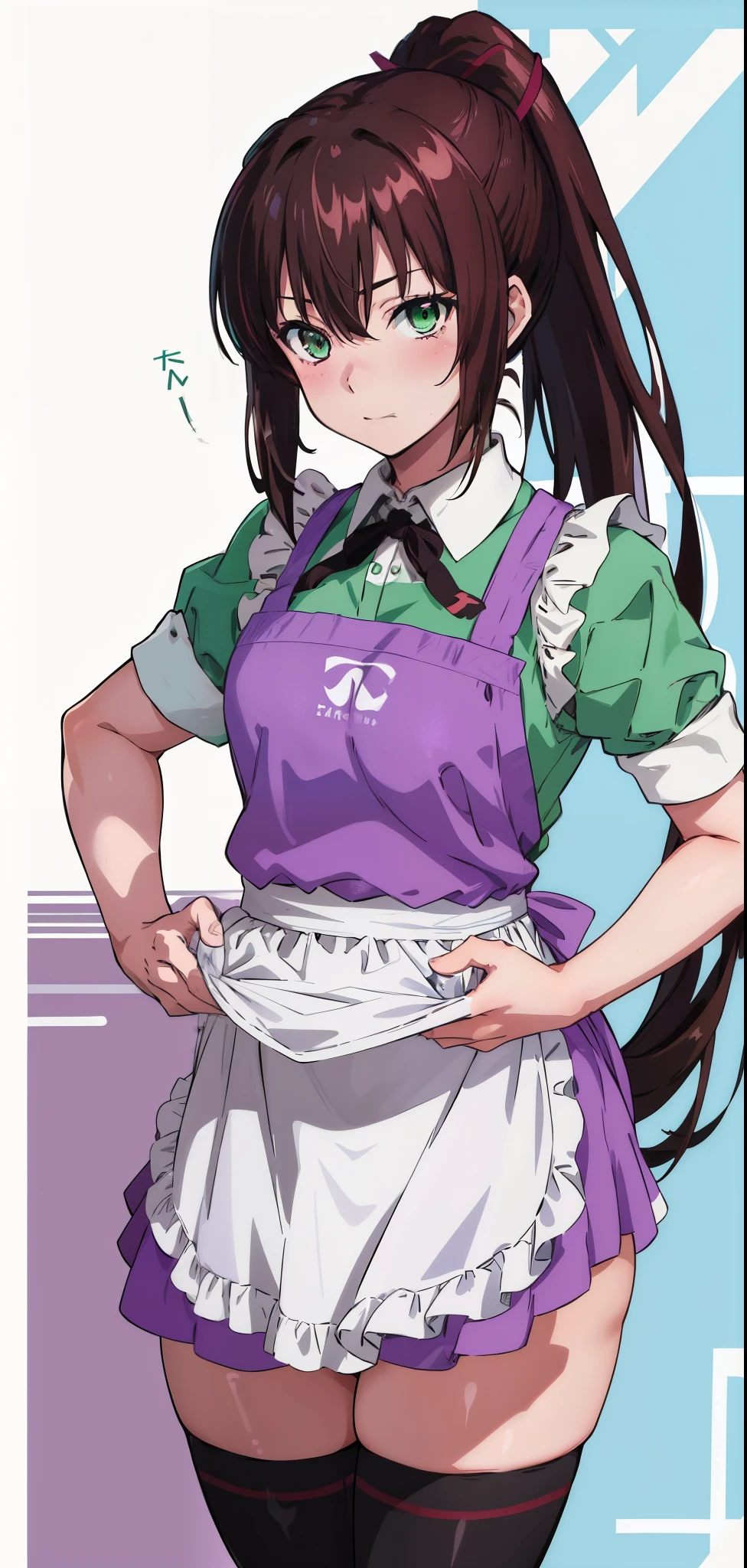 masterpiece, best quality,1girl,solo,kirasaka sayaka,brown hair,long hair,ponytail, hair ribbon, green eyes,,purple thighhighs,(apron),