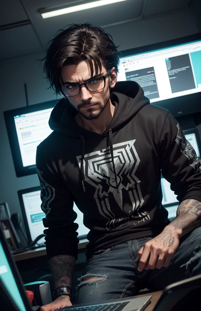 Scene: Ricky Redirector, a wiry figure with tousled dark brown hair and piercing green eyes, sits at the table. The place is dimly lit.., with dark, gloomy atmosphere, highlighted by the glow of multiple computer screens, displaying lines of code and web redirects.
outfit: Ricky is wearing a dark sweatshirt and jeans., with a pair of glasses, sliding down the nose. His clothes are decorated with digital motifs and glitch effects..
Action: Ricky stares at the screens intently., with a sly grin on his face, when he manipulates the code, to create malicious redirects. One of the screens clearly displays a list of redirected URLs, leading to malicious or irrelevant sites..
visual effects: Add subtle glitch effects and redirection arrows to your screens, to highlight his sinister work.. The background may include dark, swirling patterns, emphasizing the chaotic nature of his actions.