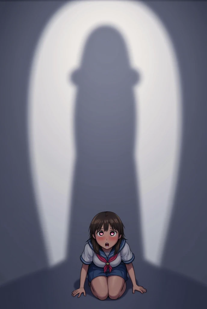 japanese girl in sailor uniform, kneeling before the viewer. a huge penis_shadow is on her face and she looks up at the penis in awe. penis_shadow, penis awe, heart pupils, aroused, horny, pov.