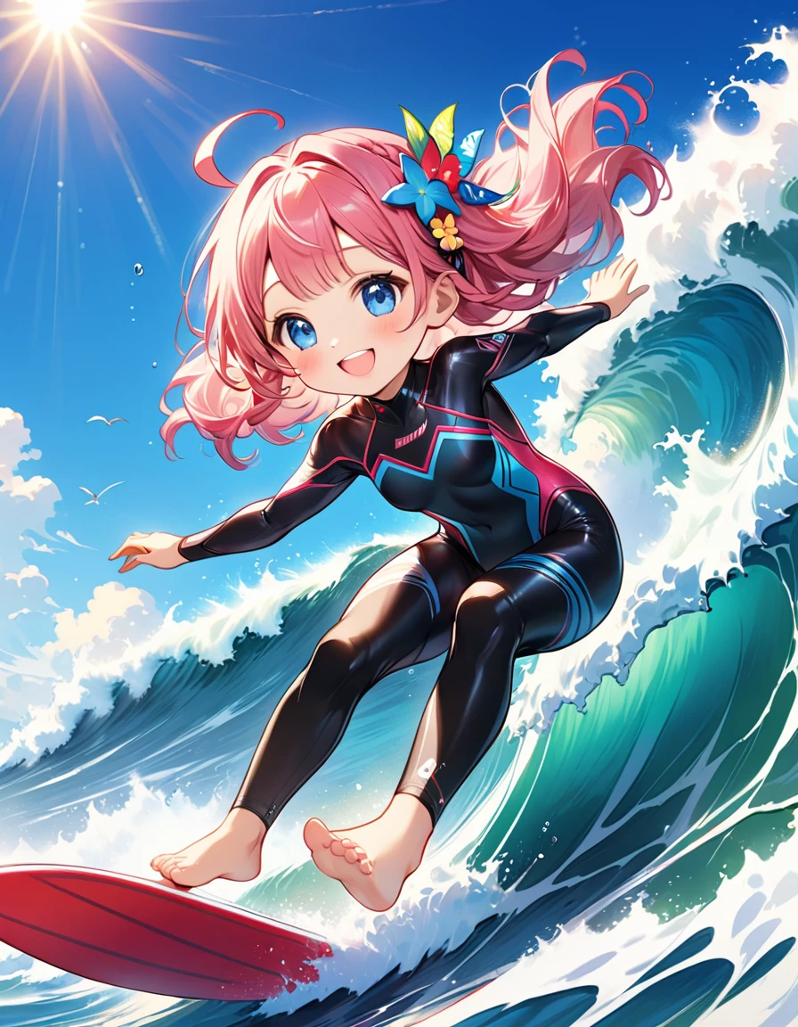 (((chibi))), ((Shiny Costumes)), skindentation, skinny, solo, 1 woman, Masterpiece, highest quality, highest quality, 16K, incredibly absurd, highly detailed, 2.5D, ai-generated, delicate and dynamic, very delicate facial expressions, delicate eye depiction, erotic, only sexy woman, ((A cute and kind face)), healthy figure, ((25-year-old woman)), 160cm tall, medium firm swaying bust, (short hair), (pink hair:1.5), bob cut, black eye, , blush, Sweat,Embarrassed,sexy, ((thin thighs)),, shiny and lustrous, facing straight at viewer, (((in heat))), ((Oily_skin)), ((Lots of sweat)), (((Brown Skin))), ((dutch angle)), ((erotic pose)), (((Surfing in the midsummer sea))),(((chibi))),