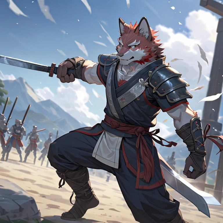 top quality, high-quality illustrations((masterpiece)) depth of field, motion blur, absurdres, Perfect Anatomy, magnificent picture of samurai fighting fierce battles, red fur, samurai armor, 1boy, solo focus, Anthro((dramatic)) epic, Greatsword weapon, dynamic pose, One scene of movie