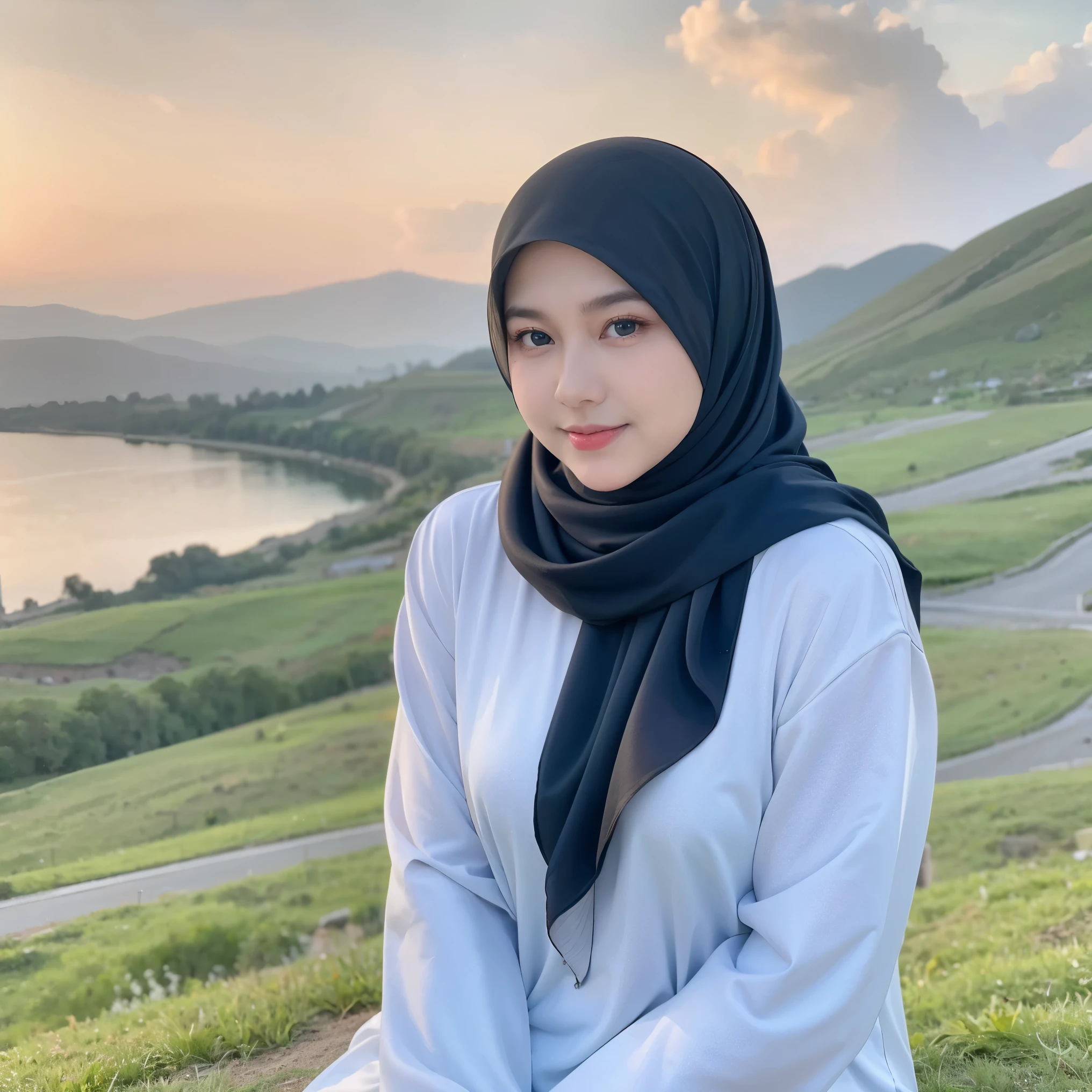 (Half-body:1.1), (:1.5), long tshirt Outfit, (RAW photo, Materpiece, Best Quality), (hijab:1.4), (headscarf:1.2), Flower Mountain, Landscape view, Galaxy Blackhole style, on the skies wave, The unknown existence of the seventh heaven, Clothes that are covered and polite, long-sleeved Hijab clothes, look polite and elegant, ((Best Quality Hijab Hair, Hair close with Hijab))