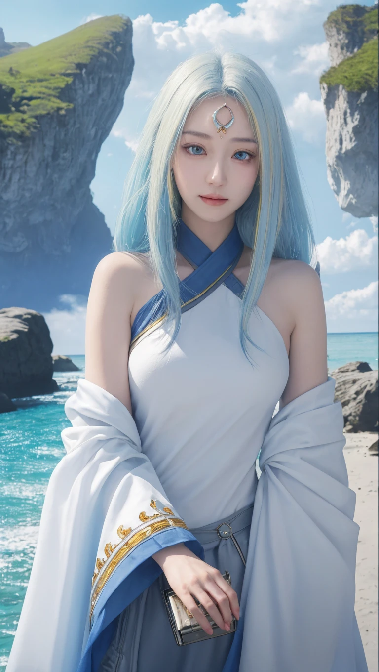 masterpiece, looking at the audience, Cinema Lighting, perfection, High Resolution Skin:1.2, sparkle eyes, (desert with horizon:1.4), strong wind, Small face, Off the shoulder, Bust C cup, Exposed cleavage, blue eyes, long hair, white hair, cyber punk style, hero pose, powerful expression