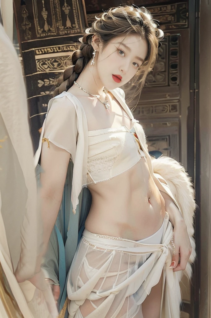 Anime girl wearing gray top and black posing for photo, seductive anime girl,  Ilya Kuvshinov. 4K, OPPEIN, biomechanical OPPEIN, Tik, Tifa Lockhart, [ 4K digital art ]!!, revealing clothes, sexy woman，Expression enjoyment：1.5，transparent clothes，Seeing skin through clothes：2.0，damaged clothes，mouth open