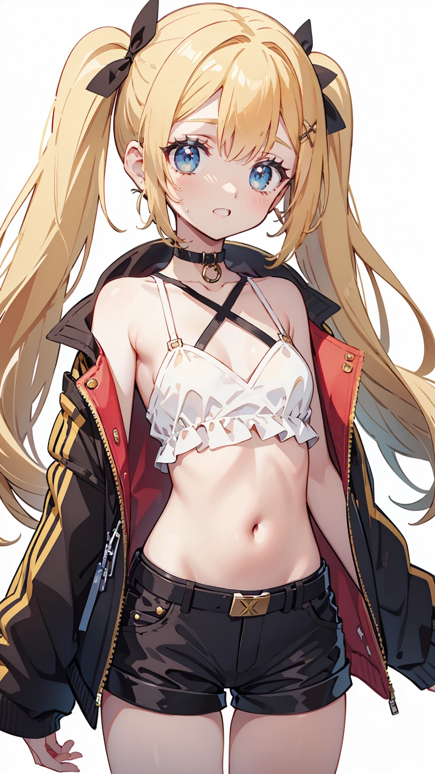 anime art of a Blondeed girl with yellow hair and black jacket, One girl, Alone, belly button, Shorts, jacket, Long Hair, smile, abdomen, chest, Open your mouth, black jacket, Twin tails, Choker, short Shorts, View your viewers, Hair accessories, belt, white shirt, Blonde, shirt, open jacket, black Shorts, Crop top, Earrings, x Hair accessories, black Choker, jewelry, :d, Simple Background, Cowboy Shot, cropped jacket, Clevis, black belt, Open clothes, White background, clavicle, hair ribbon, ribbon, low Twin tails , (Best Quality, masterpiece, Super detailed, figure:1.2),(8K wallpaper),(beautiful Detailed eyes:1.2), beautiful, wonderful, Detailed eyes, (Detailed skin),Cinematic Lighting
