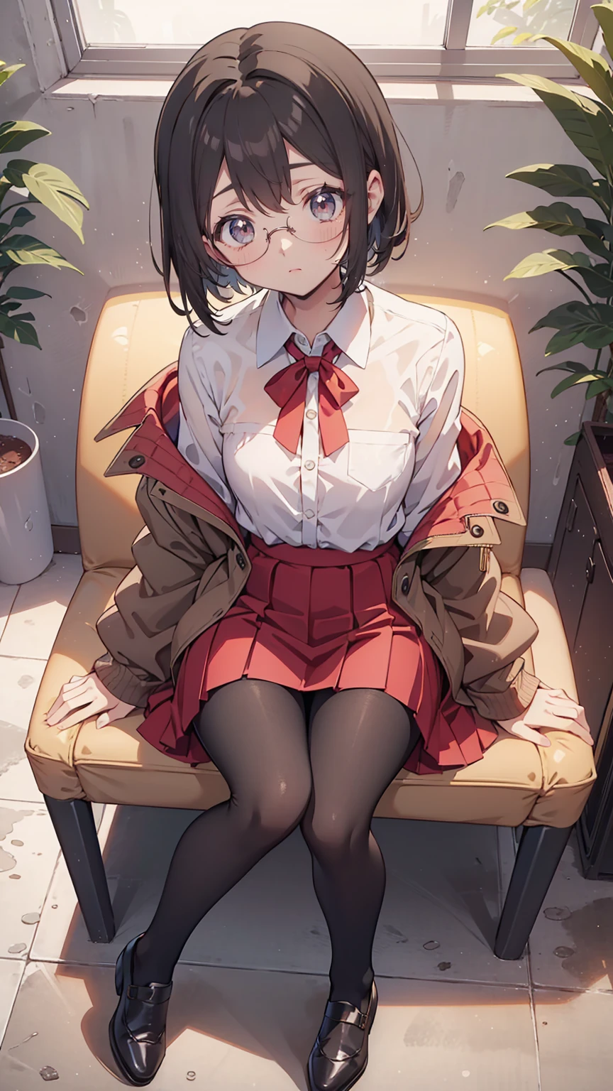 an anime girl with Glasses and a skirt sits on ground and poses, One girl, Alone, skirt, Have, shirt, white shirt, pantyhose, Red eyes, Glasses, Black Hair, shoes, red skirt, Check pattern skirt, View your viewers, Open clothes, Check pattern, collared shirt, , Long sleeve, Mouth closed, Sitting, black pantyhose, indoor, bangs, short hair, Black-rimmed glasses, Brown Jacket, Off the shoulder,Add XL
