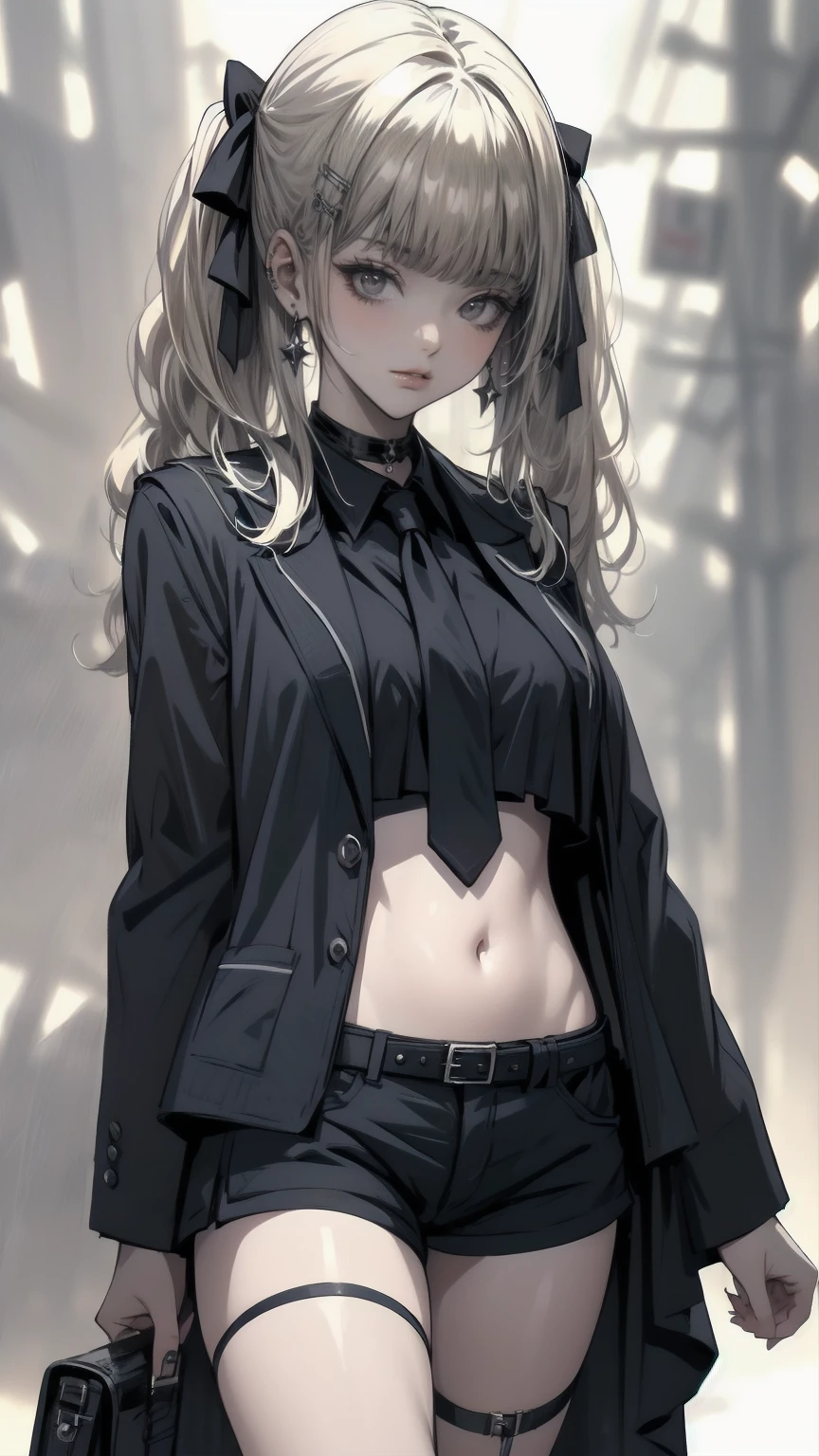 anime art of a Blondeed girl with yellow hair and black jacket, One girl, Alone, belly button, Shorts, jacket, Long Hair, smile, abdomen, chest, Open your mouth, black jacket, Twin tails, Choker, short Shorts, View your viewers, Hair accessories, belt, white shirt, Blonde, shirt, open jacket, black Shorts, Crop top, Earrings, x Hair accessories, black Choker, jewelry, :d, Simple Background, Cowboy Shot, cropped jacket, Clevis, black belt, Open clothes, White background, clavicle, hair ribbon, ribbon, low Twin tails , (Best Quality, masterpiece, Super detailed, figure:1.2),(8K wallpaper),(beautiful Detailed eyes:1.2), beautiful, wonderful, Detailed eyes, (Detailed skin),Cinematic Lighting
