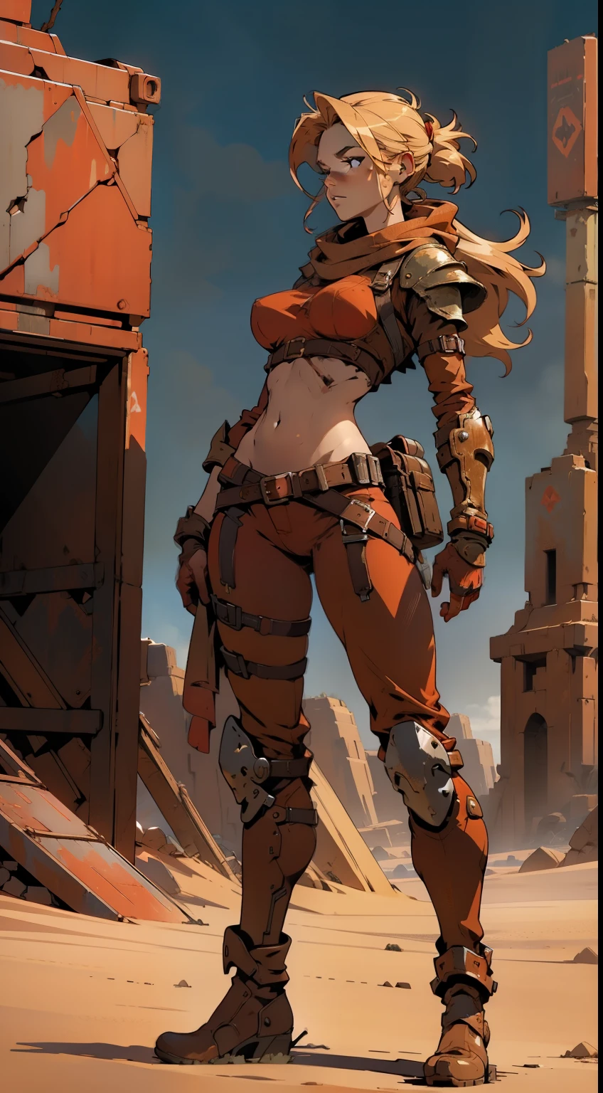 red woman in a brown outfit with smal breasts, full body, mystical post-apocalyptic, beautiful woman, in a post-apocalyptic setting, like fantasy female blond character, fantasy character photo, complex fantasy character, beautiful red girl, woman stunning, from a beautiful knight, powerful princess of the desert, woman post-apocalyptic, (nsfw)